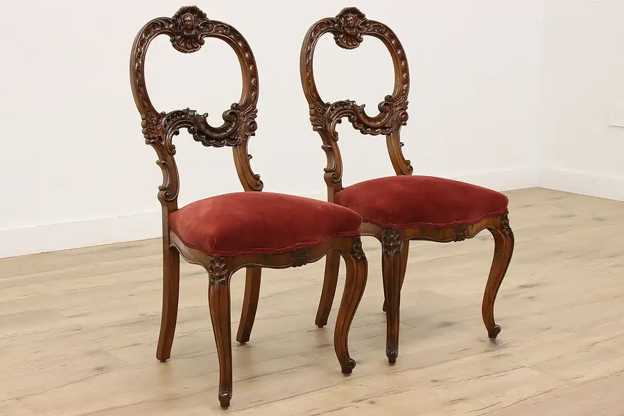 Main image of Victorian Antique Pair of Rosewood Chairs, Hand Carved Heads