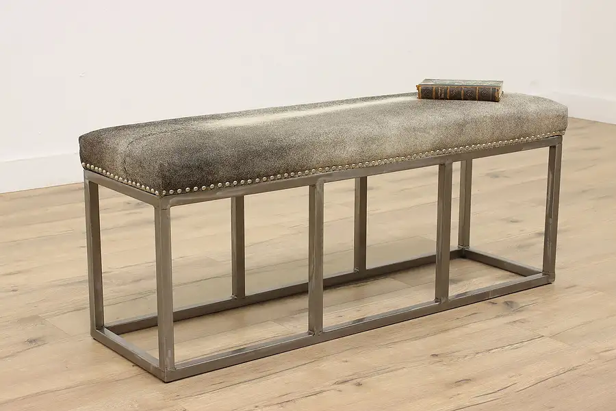 Main image of Industrial Vintage Custom Designer Steel Bench, Caribou Hide Upholstery