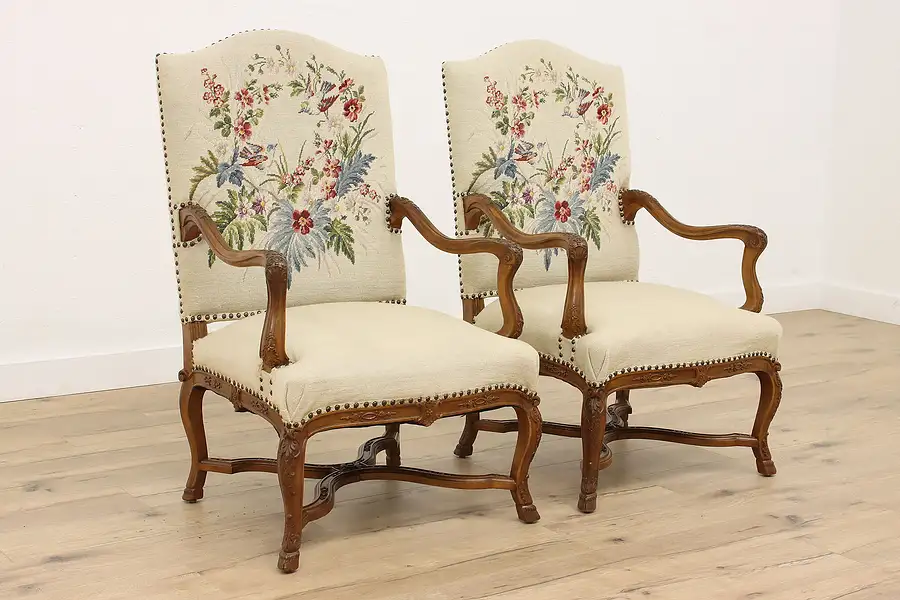 Main image of Pair of Country French Vintage Large Chairs, Needlepoint Upholstery