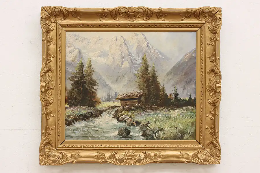 Main image of Mountain Cabin & River Vintage Original Oil Painting, Stover 32.5"