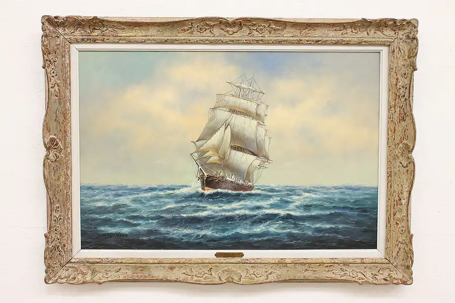 Main image of Outward Bound Sailing Ship Vintage Original Oil Painting, Webb 43.5"