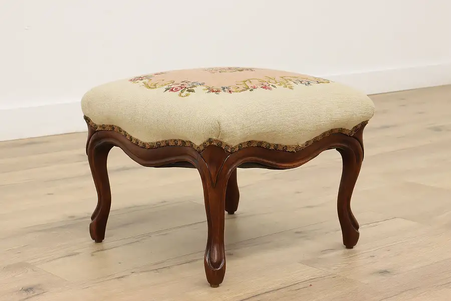 Main image of Victorian Carved Walnut Needlepoint & Petit Point Footstool or Bench