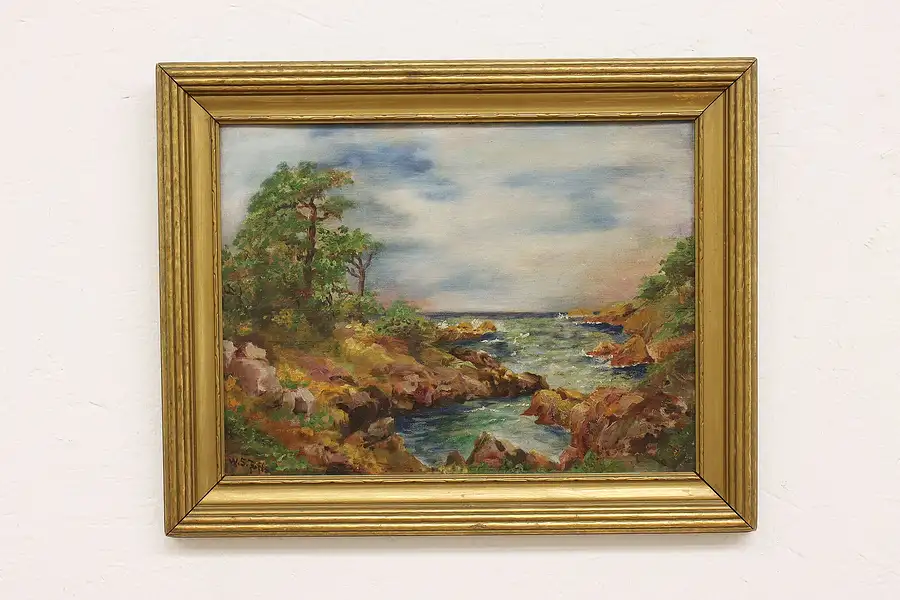 Main image of Rocky River and Ocean Vintage Original Oil Painting, W. S. Tufts 20"