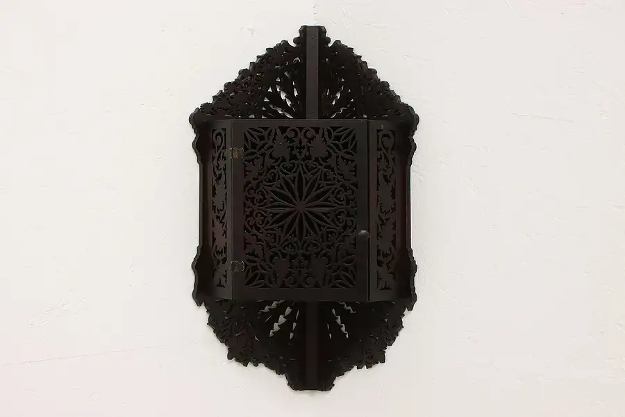 Main image of Victorian Antique Folk Art Fretwork Carved Wall Hanging Corner Cupboard