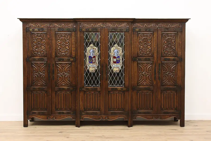 Main image of Spanish Colonial Antique Carved Oak Office Bookcase, Stained Glass Doors