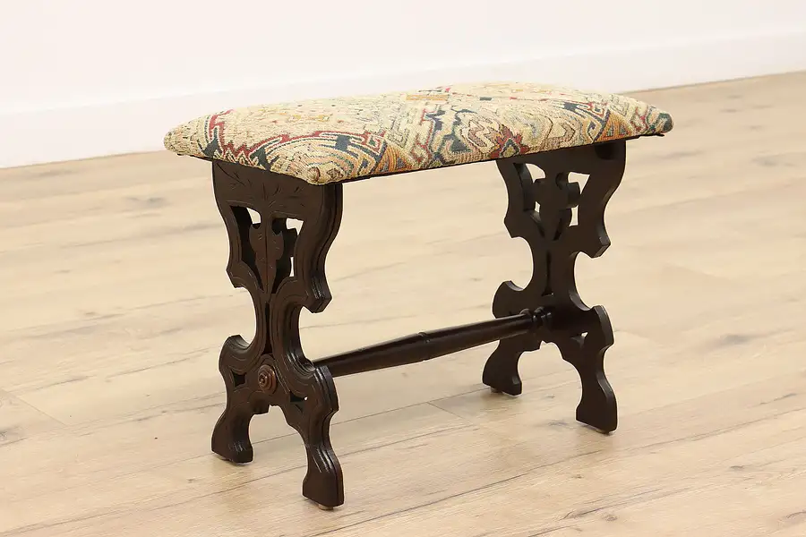 Main image of Victorian Antique Hand Carved Walnut Bench or Stool, New Upholstery