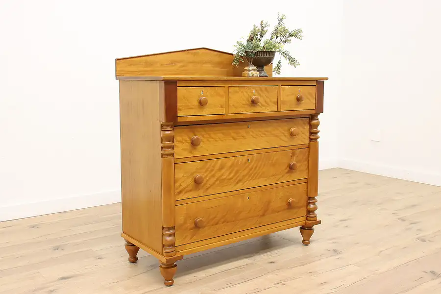 Main image of Sheraton Antique 1830s Farmhouse Curly Birch Dresser or Chest of Drawers