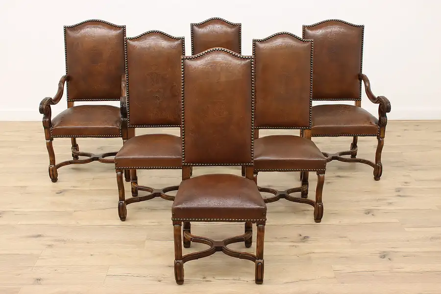 Main image of Set of 6 Antique Spanish Colonial Embossed Leather Dining Chairs