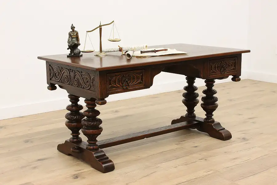 Main image of Spanish Colonial Carved Oak Antique Library Table or Office Desk