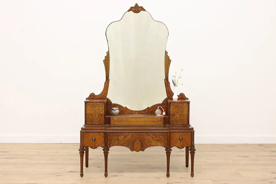 Main image of Tudor Style Antique Walnut & Satinwood Vanity & Mirror, Williamsport