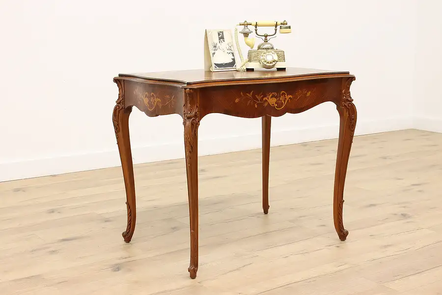 Main image of French Design Antique Carved Walnut & Rosewood Marquetry Hall Table