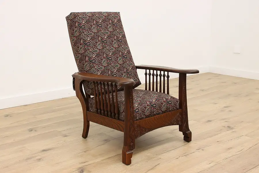 Main image of Victorian Antique Carved Oak Morris Recliner Chair, New Upholstery