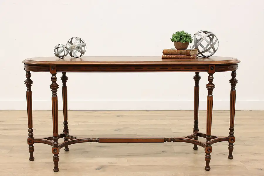 Main image of English Tudor Design Antique Carved Walnut Oval Sofa or Hall Table Hannah