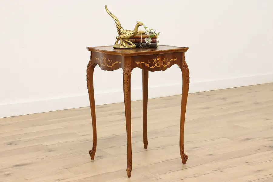 Main image of French Design Antique Carved Walnut Marquetry Nightstand or End Table