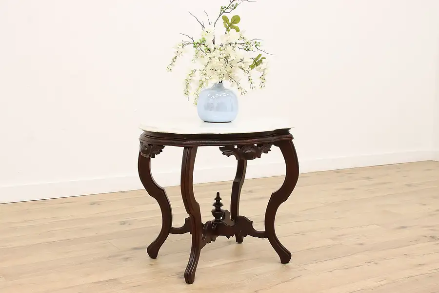 Main image of Victorian Walnut Antique Turtle Top Entryway or Parlor Table, Marble Top