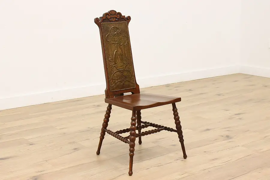 Main image of Young Woman on Bicycle Victorian Antique Oak & Leather Side Chair