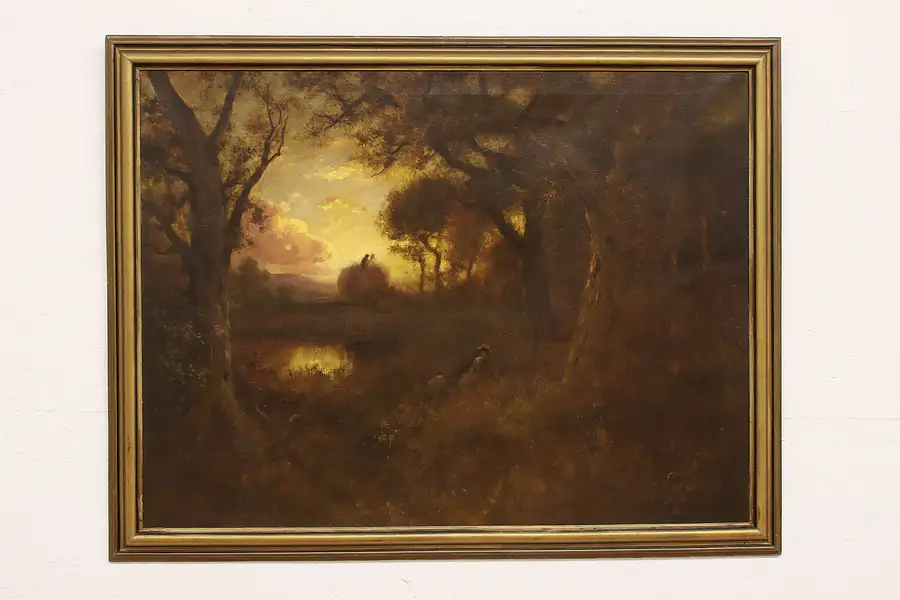 Main image of Hay Wagon at Sunset with Figures Antique Original Oil Painting 44"