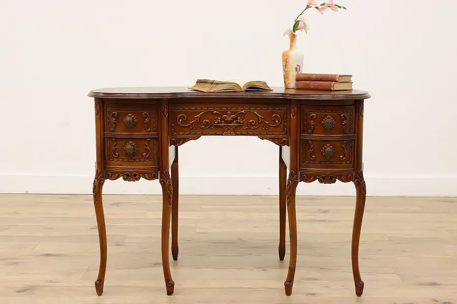 Main image of French Design Vintage Kidney Shape Carved Walnut Office or Library Desk