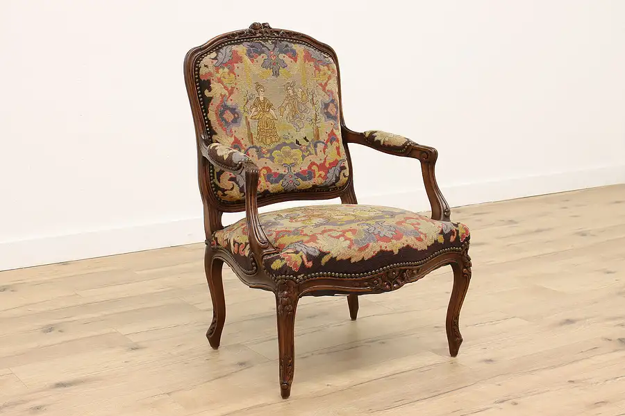 Main image of Country French Antique Carved Birch Chair, Tapestry Needlepoint