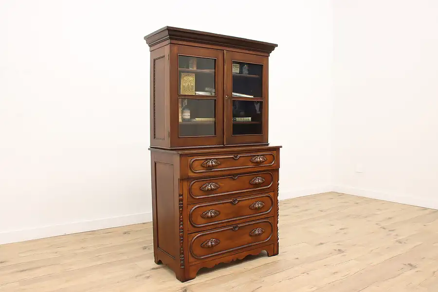 Main image of Victorian Antique Carved Walnut Cupboard or Bookcase, Wavy Glass