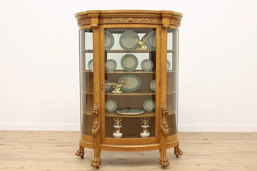 Main image of Victorian Oak Antique Curved Glass China, Curio Display Cabinet, Lions