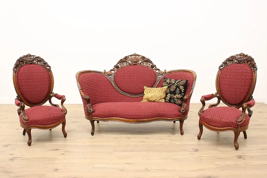 Main image of Victorian Carved Rosewood Antique 3pc Sofa & Chairs Set