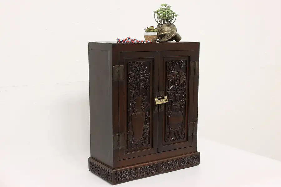 Main image of Chinese Carved Teak Antique Jewelry or Collector Cabinet, Padlock