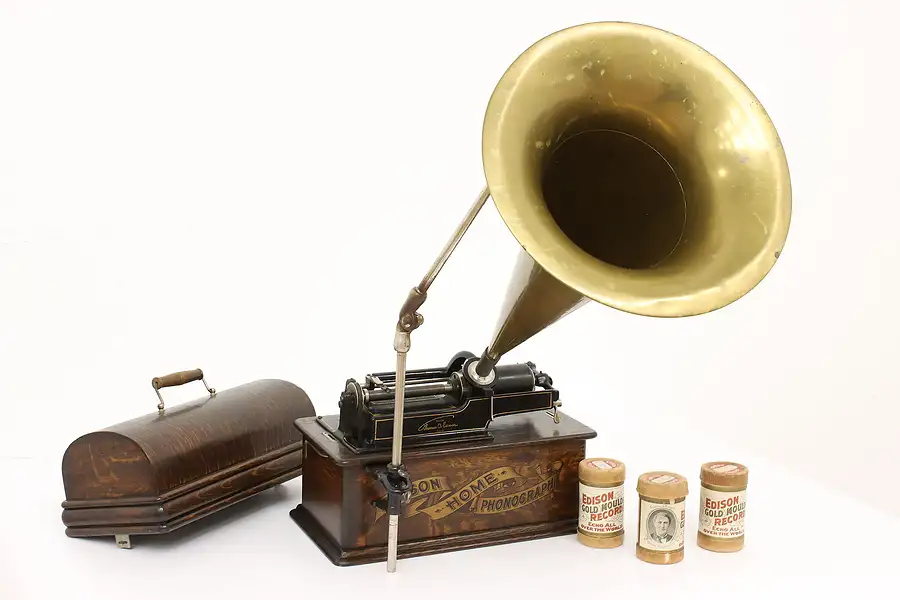 Main image of Edison Home Antique Oak Record Player Cylinder Phonograph & Horn