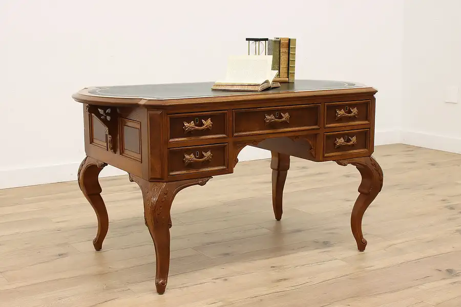 Main image of Victorian Antique Walnut & Burl Office or Library Desk, Leather Top