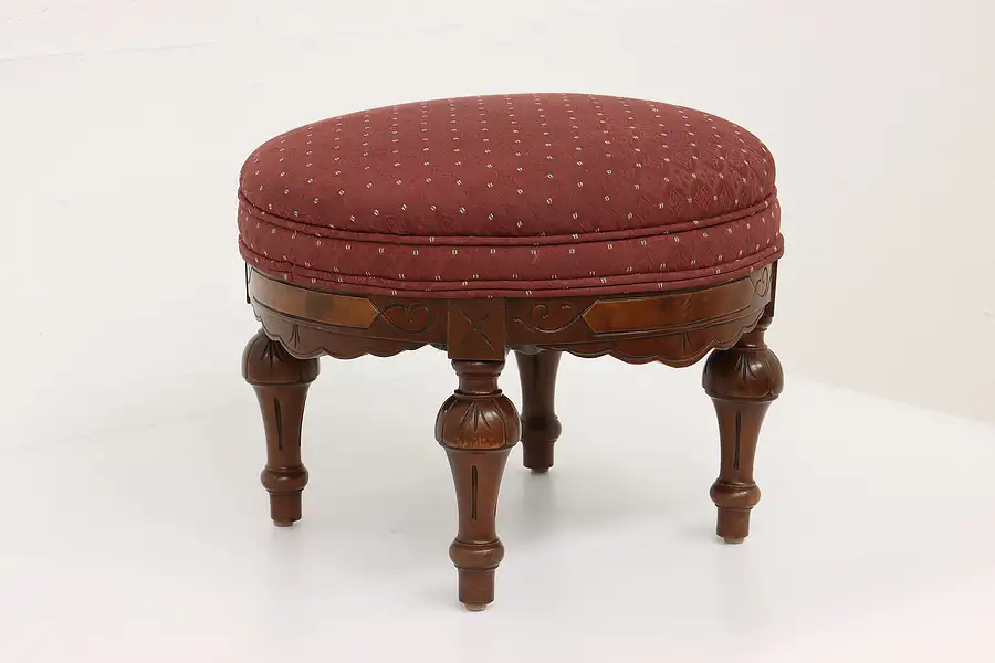 Main image of Victorian Eastlake Antique Carved Walnut Footstool, Ottoman, Small Bench