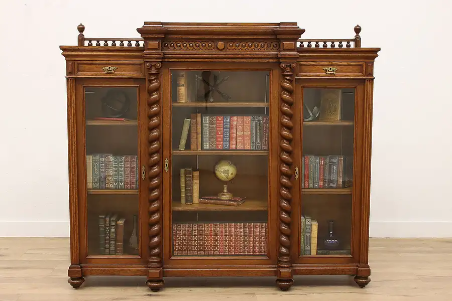 Main image of Renaissance Antique Carved Oak Office or Library Triple Bookcase