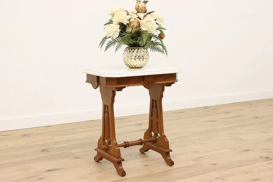 Main image of Victorian Eastlake Antique Carved Walnut Marble Top Lamp or Parlor Table