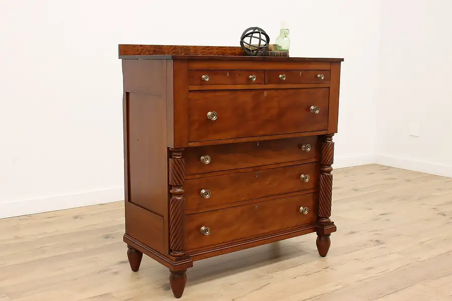 Main image of Sheraton Antique Carved Cherry 6 Drawer Dresser or Chest, Spiral Columns