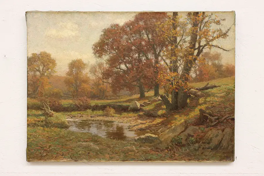 Main image of Autumn River Landscape Antique Original Oil Painting, Fitler 28.5"