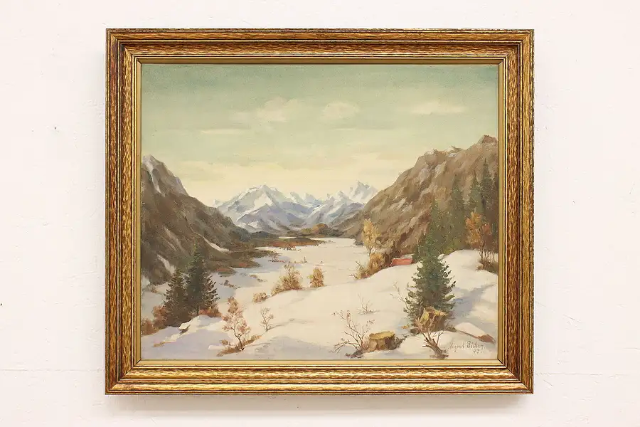 Main image of Snowy Mountain Valley Vintage Original Oil Painting, Bocher 27.5"