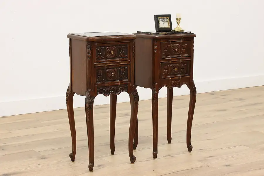 Main image of Pair of French Design Vintage Walnut Nightstands, End Tables, Marble Tops