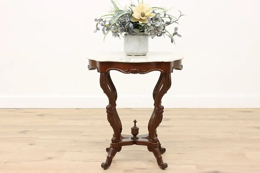 Main image of Victorian Antique Marble Turtle Top Carved Walnut Lamp or Parlor Table