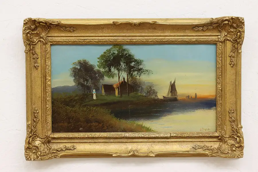 Main image of Cottage & Shore with Sailboat Antique Original Oil Painting, Davis 23"