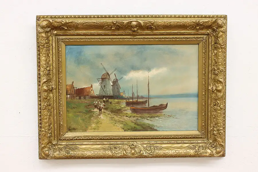 Main image of Dutch Windmills & Village Antique Original Oil Painting, Van Allen 33.5"