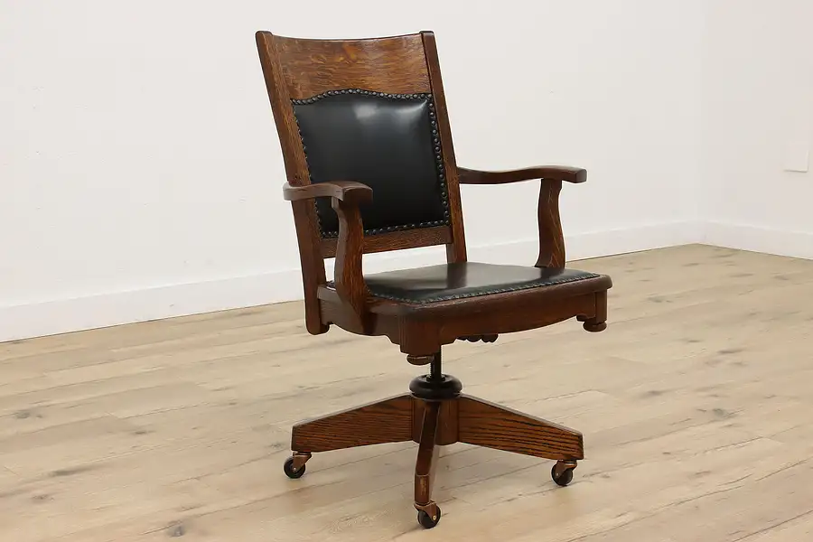 Main image of Arts & Crafts Antique Oak Swivel & Adjustable Leather Office Chair