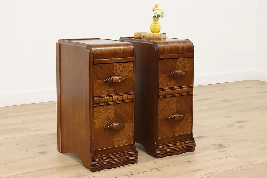 Main image of Pair of Art Deco Vintage Waterfall Nightstands, End or Lamp Tables