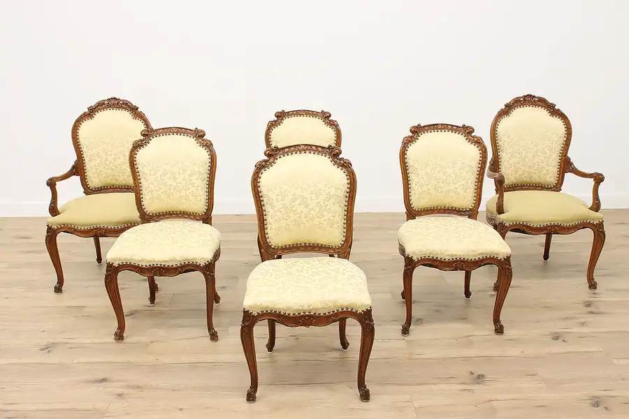 Main image of Set of 6 French Louis XV Antique Carved Walnut Dining Chairs