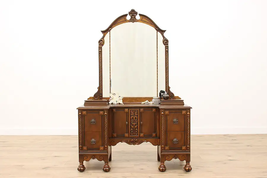 Main image of Tudor Design Antique Carved Walnut Vanity or Dressing Table & Mirror