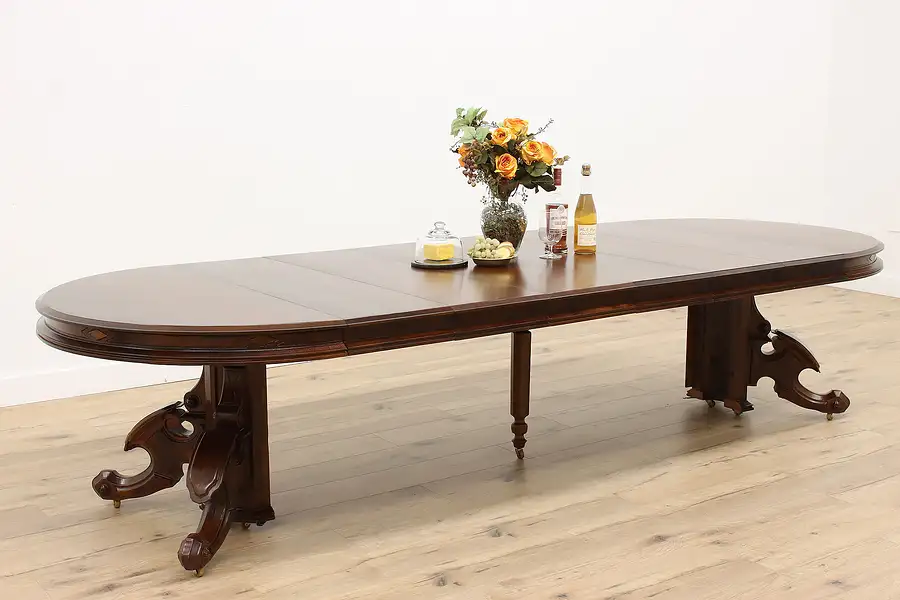 Main image of Victorian Antique 48" Walnut & Burl Dining Table, 6 Leaves, Extends 129"