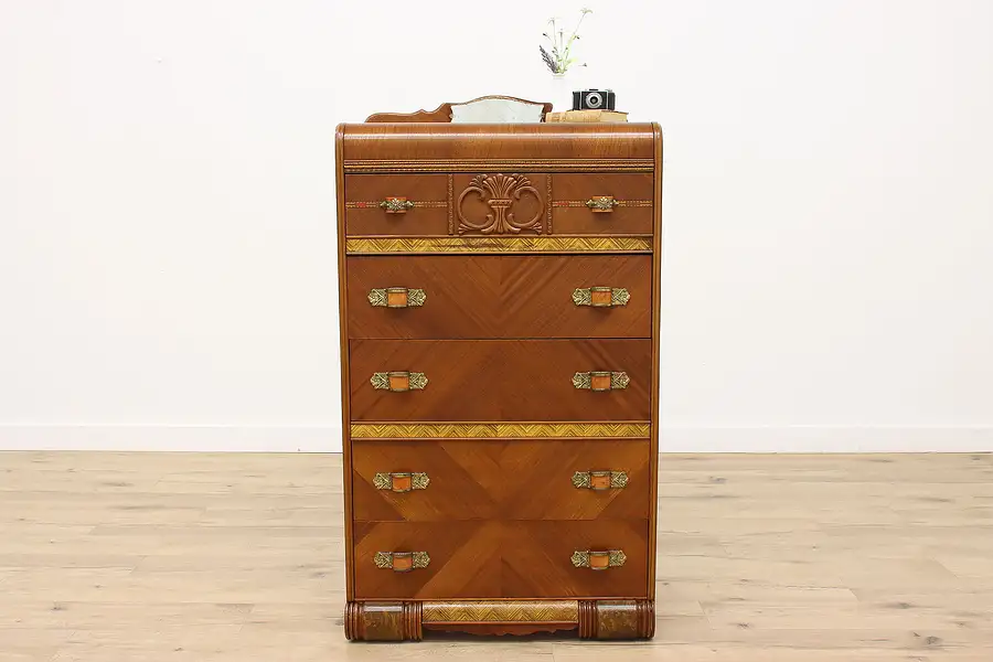 Main image of Art Deco Vintage Waterfall Highboy Tall Chest or Dresser, Bakelite Mirror