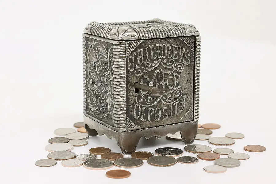 Main image of Victorian Antique Cast Iron Locking Coin Bank, Children's Safe Deposit