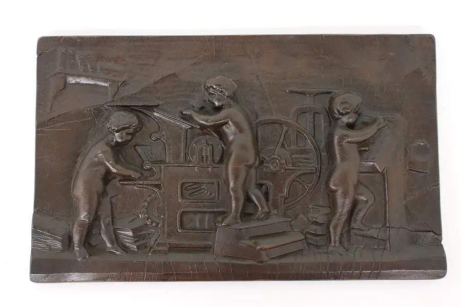 Main image of Victorian Leather Antique Panel or Wall Plaque Cherubs in Book Bindery