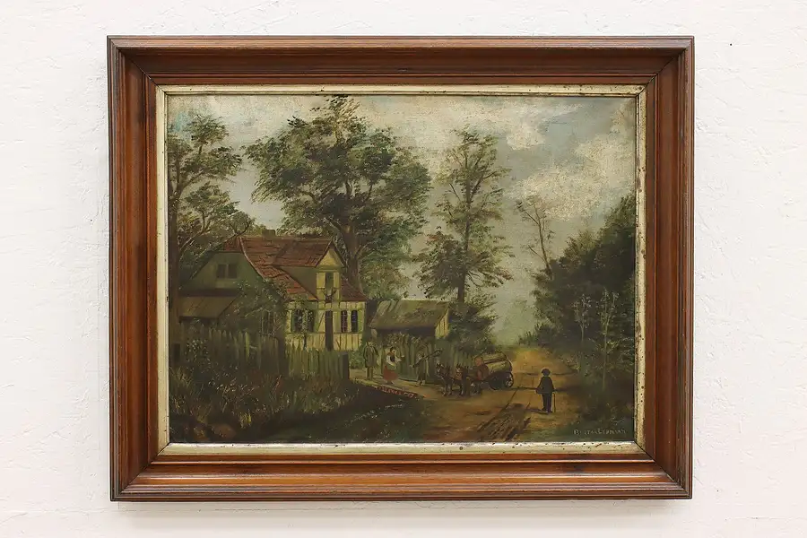 Main image of Hunting Lodge & Villagers Antique Original Oil Painting, Lehmann 30"