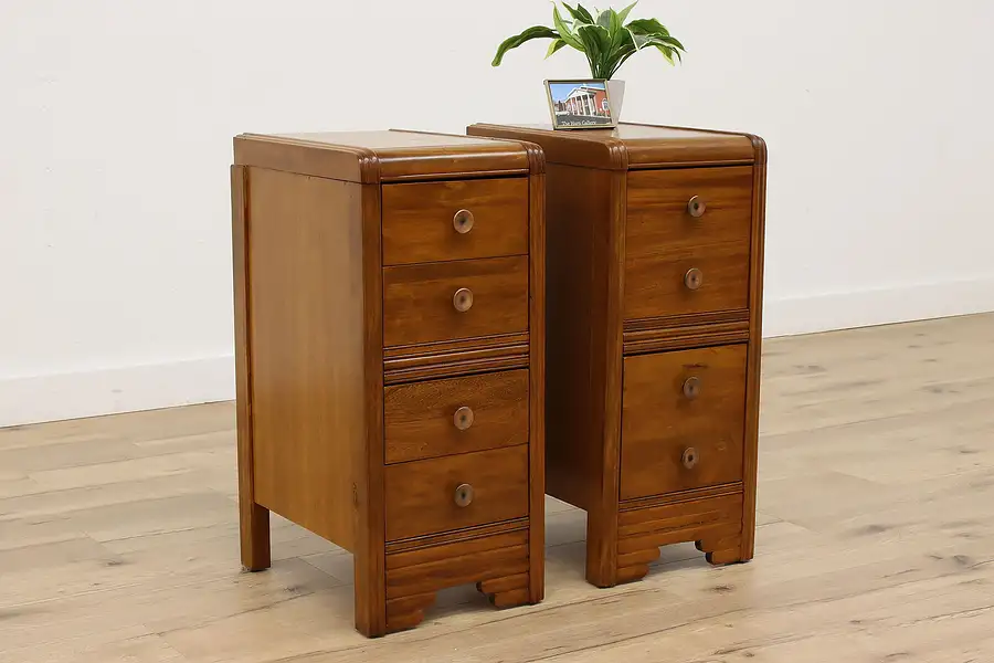 Main image of Pair of Art Deco Vintage Waterfall Cherry Nightstands, End or Side Tables