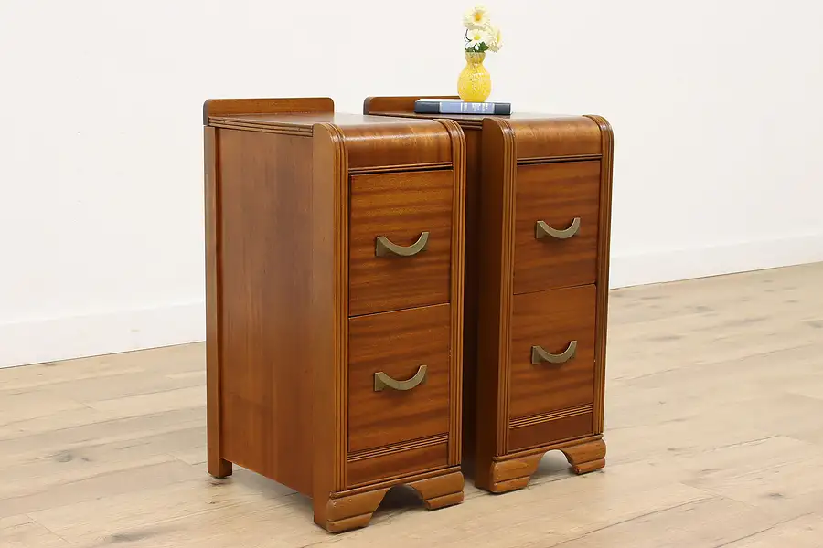 Main image of Pair of Art Deco Vintage Waterfall Mahogany Nightstands, End, Lamp Tables